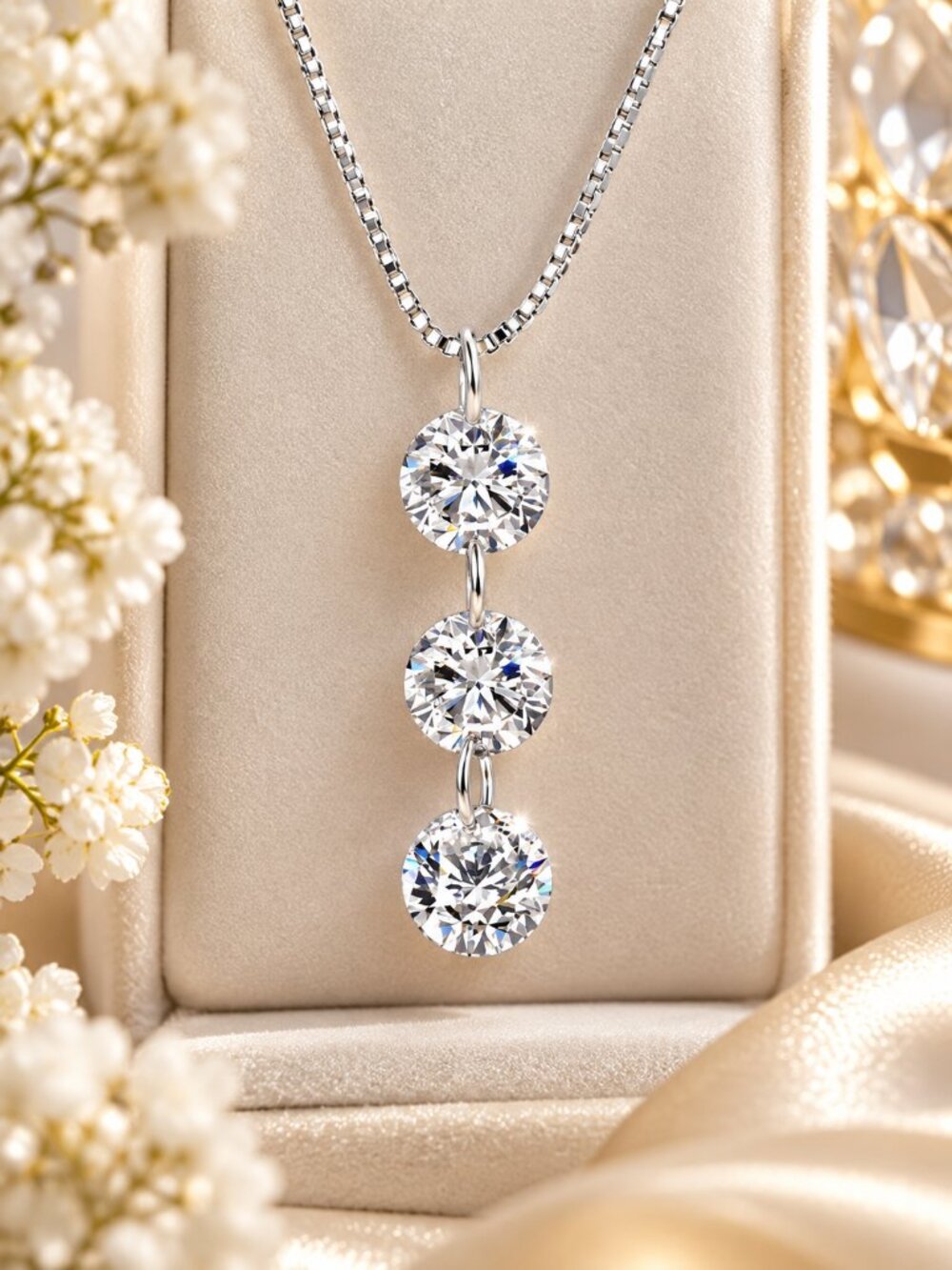 Swarovski Elements Crystal Triple Drop Pendant Silver Necklace - Jewelry 18"